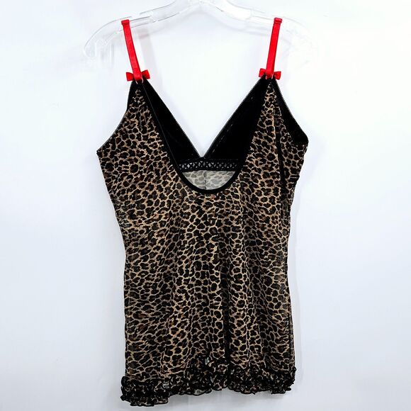 Collection Lingerie XL Leopard Mesh Babydoll Chemise Red Ribbon Bows - Picture 6 of 8